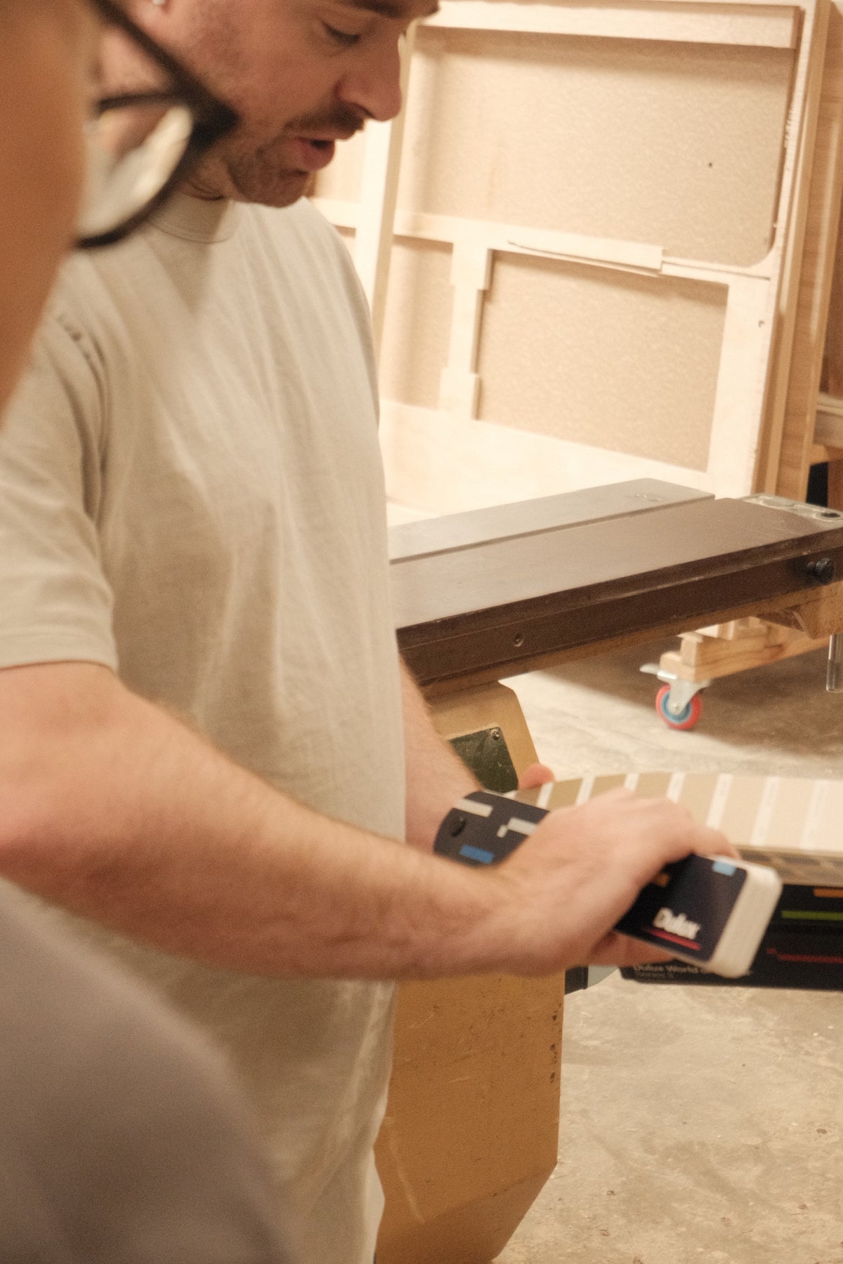Reviewing colour and finish samples together in the workshop